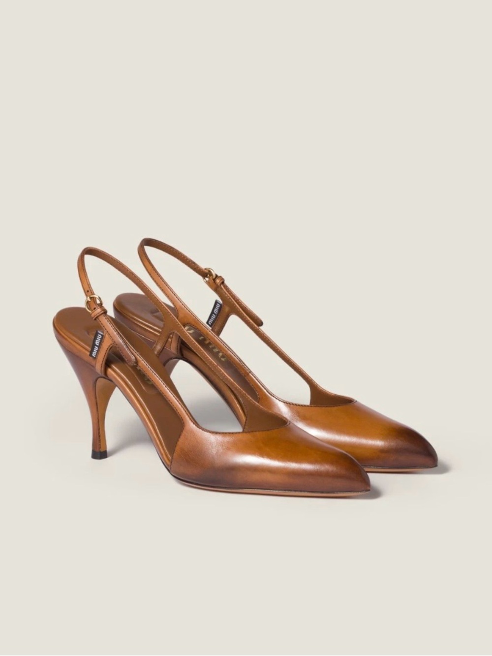 Miu Miu Cognac Leather Slingback Pointed-Toe Heels